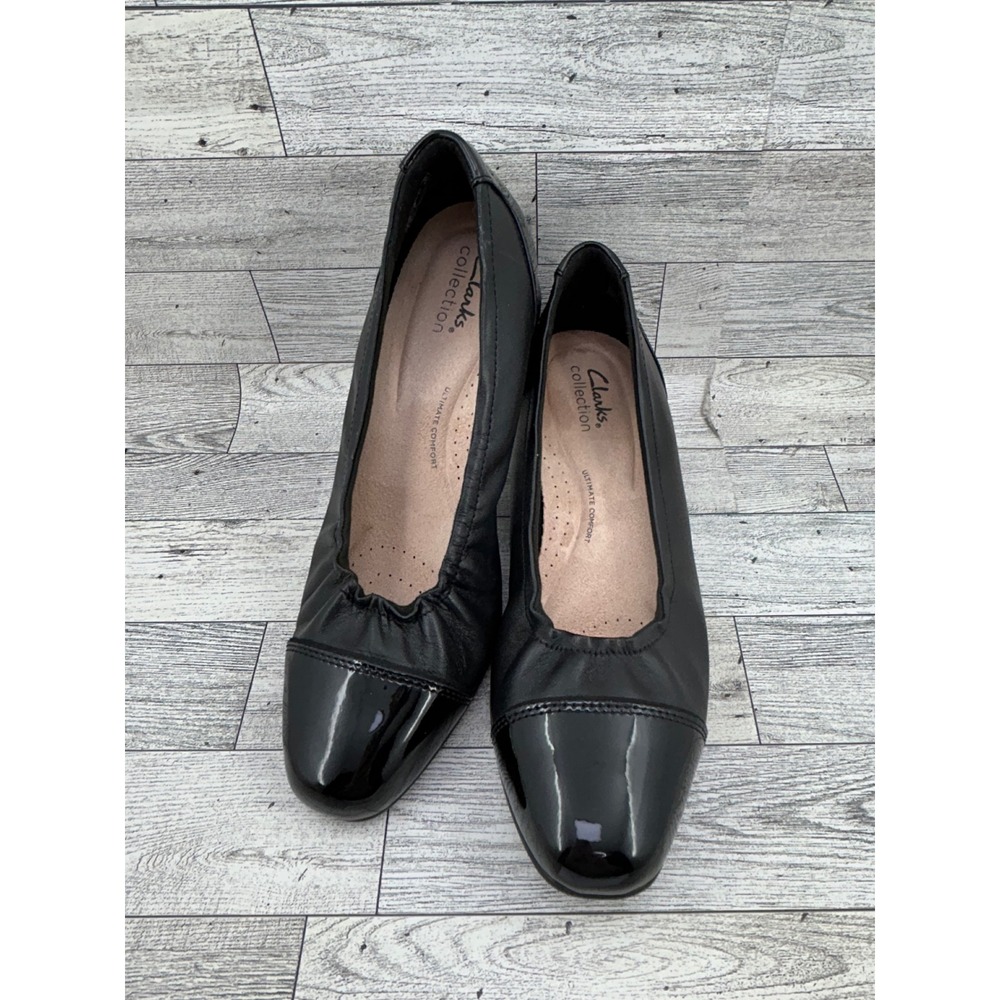 Clarks Collection Black Leather Patent Cap Toe Block Heel Pumps Women 8M
